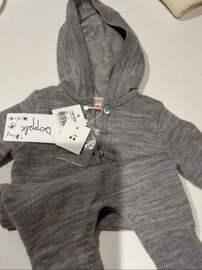 Bonpoint Gray Hooded Knit Footed One-Piece Romper